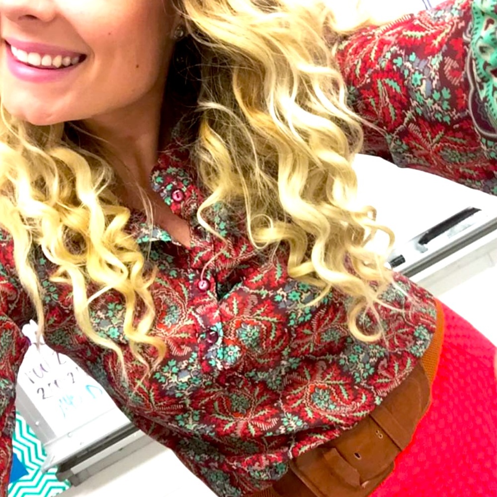 Lily White Red Paisley Button-Up Blouse with Teal Accents